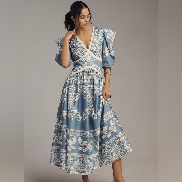 FARM Rio Dresses & Skirts - Farm Rio x Anthropologie Printed V-Neck Puff-Sleeve Maxi Dress new XS